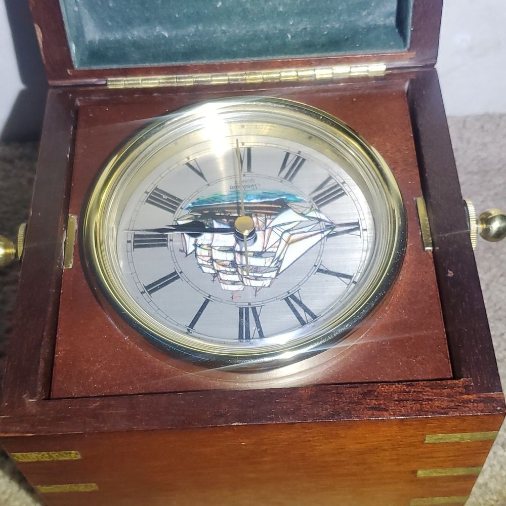 Vintage Sunbeam Chairman Series Gimbaled Nautical Desk Clock Box 14402 Works